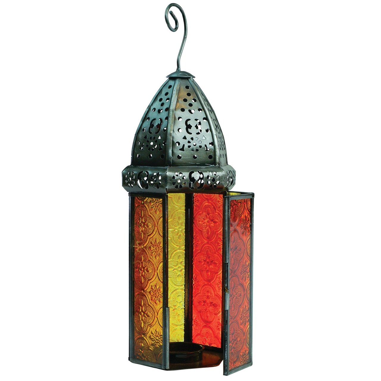In the Breeze 9214 — Orange & Yellow Large Hex Tealight Lantern — Moroccan-Style Boho Chic Tealight Glass and Metal Tabletop Lantern